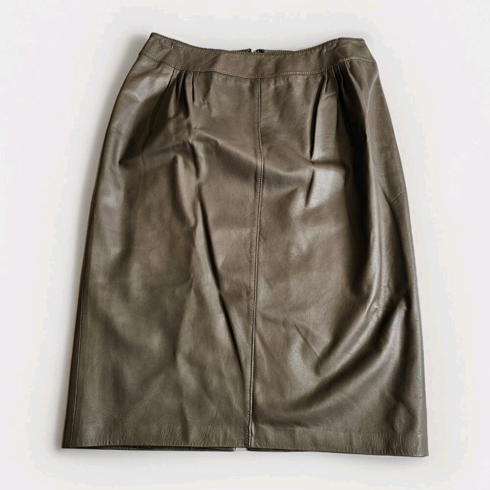 Lafayette 148 New York Brown Lambskin Leather Pencil Skirt 4 Pleated Taupe Chic